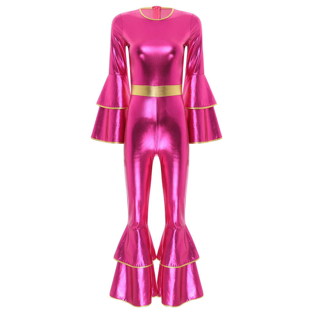 Womens 70S Disco Vintage Jumpsuit Metallic Shiny Flare Sleeve Bodysuit Hippie Bell Bottom Jazz Dance Carnival Rave Party Costume - Matrix Studios