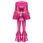 Womens 70S Disco Vintage Jumpsuit Metallic Shiny Flare Sleeve Bodysuit Hippie Bell Bottom Jazz Dance Carnival Rave Party Costume - Matrix Studios