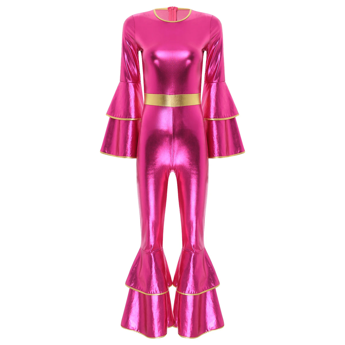 Womens 70S Disco Vintage Jumpsuit Metallic Shiny Flare Sleeve Bodysuit Hippie Bell Bottom Jazz Dance Carnival Rave Party Costume - Matrix Studios