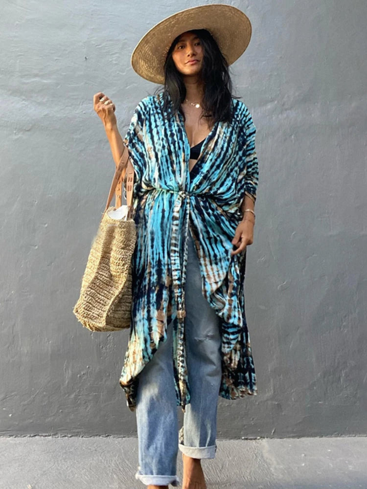 Beach Cover Ups for Swimwear Women Black Tie Dye Kimono Swimsuit Cape Summer Dress 2022 Beachwear Outfits Sales - Matrix Studios