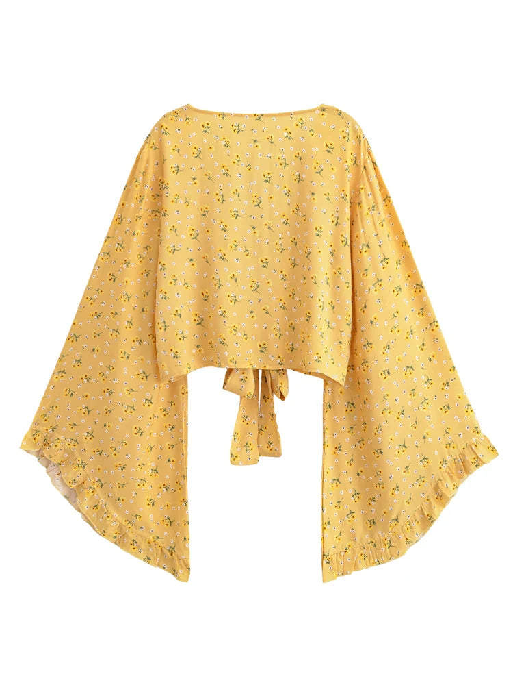 Vintage Fashion Women Yellow Floral 2025 Beach Summer Short Kimono Ruffles Flare Sleeves Vacation Bohemian Bikini Boho Cover-ups - Matrix Studios