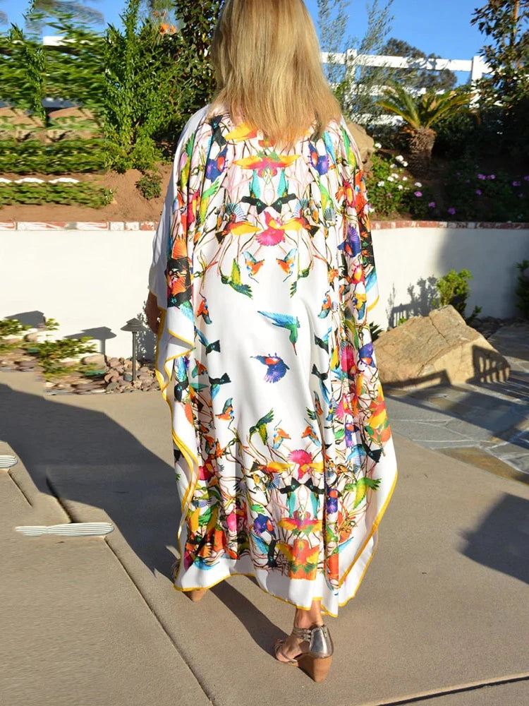 Beach Dresses Bird Bohemian Kaftans for Women 2025 New Loose Bikini Cover Ups Maxi Robe Elegant Bathing Suits - Matrix Studios