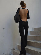 Solid Black Sexy Backless Bodycon Wide Leg Jumpsuit Women Autumn Casual Slim Long Sleeve O-Neck Playsuit Lady Streetwear - Matrix Studios