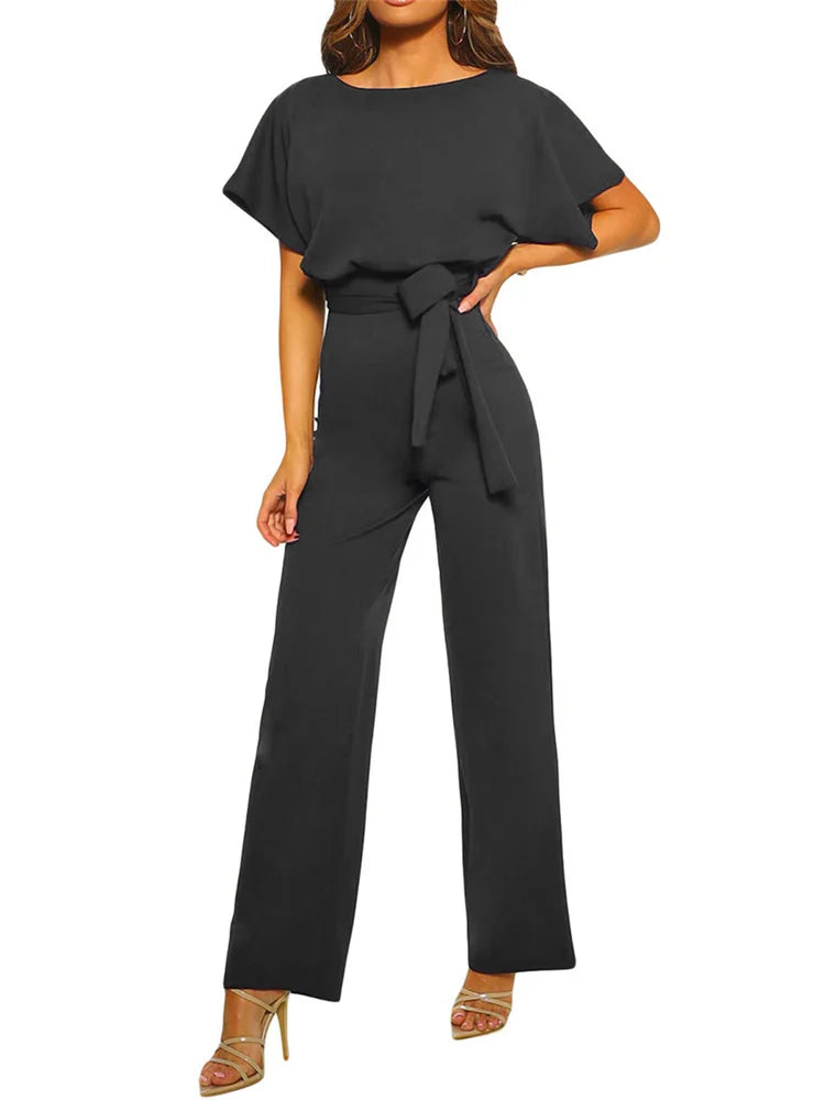 Women Jumpsuits Elegant Solid Color Flare Short Sleeve Waist Tie Wide Leg Pants Romper Summer Streetwear - Matrix Studios
