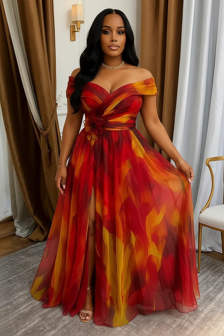 Women Off Shoulder Printed Maxi Gown With Front Slit For Wedding Guest Formal Evening Prom And Banquet Occasion - Matrix-studios.com