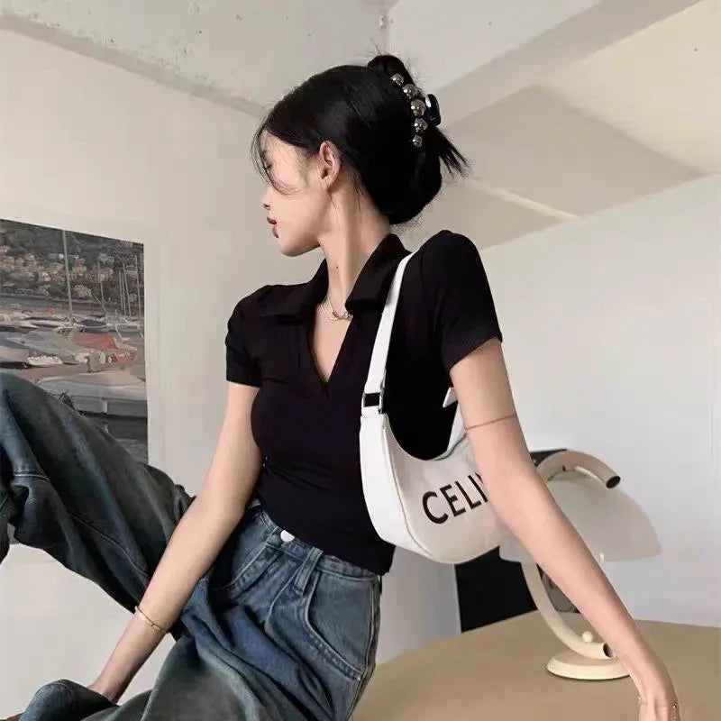 Sexy Short Sleeve White T-Shirt with Polo Collar Slim Fit Women's Summer Basic Black Elastics Crop Top  Y2k Clothes - Matrix-studios.com