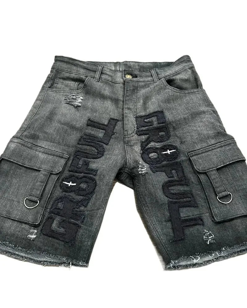 American New Retro Letter Embroidery Tooling Denim Shorts Trend Gothic Y2K Harajuku Hip-hop Loose Sports Shorts Street clothes