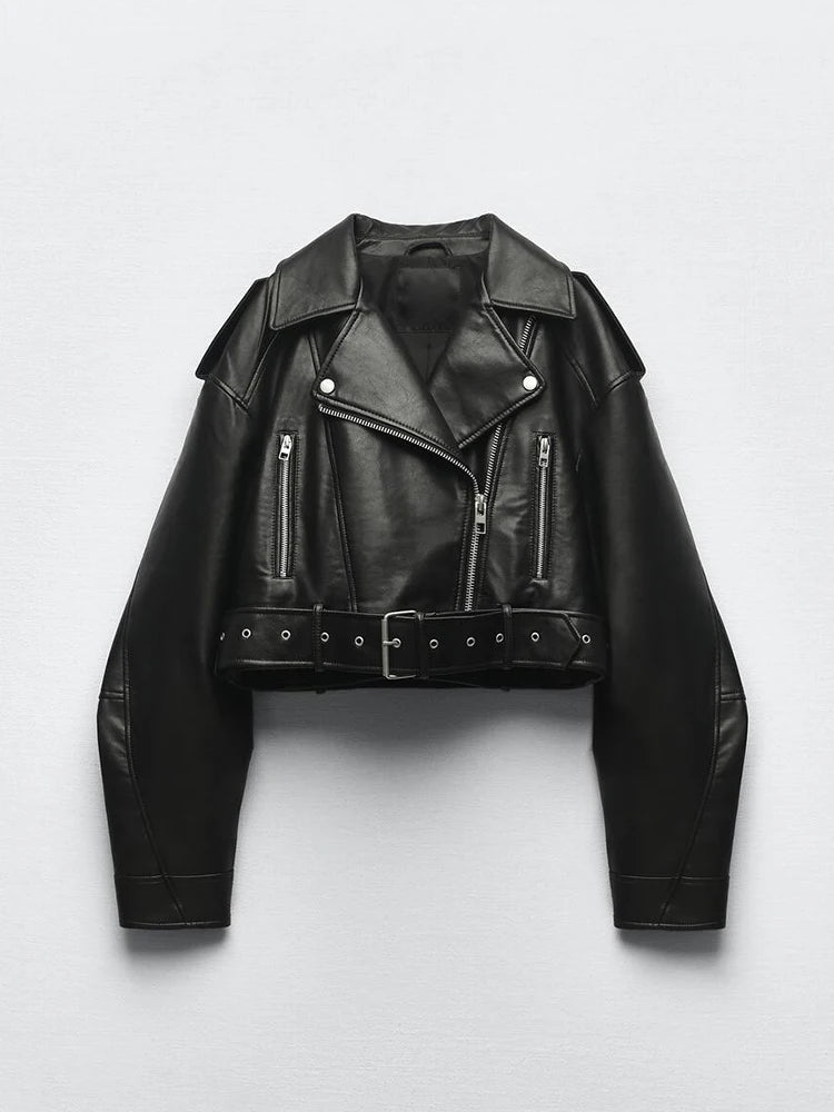 Ailegogo Spring Autumn Women Faux Pu Leather Short Jacket with Belt Motorcycle Biker Female Zipper Lapel Loose Coat Outwear - Matrix Studios