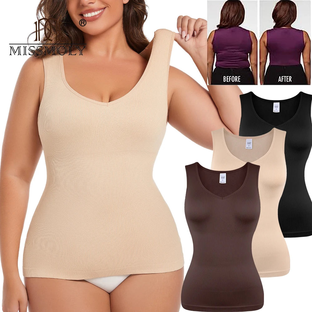 MISSMOLY Women V-neck Shapewear Camisole Tummy Control Body Shaper Slimming Underwear Compression Corset Bustier Tank Tops S-3XL - Matrix-studios.com