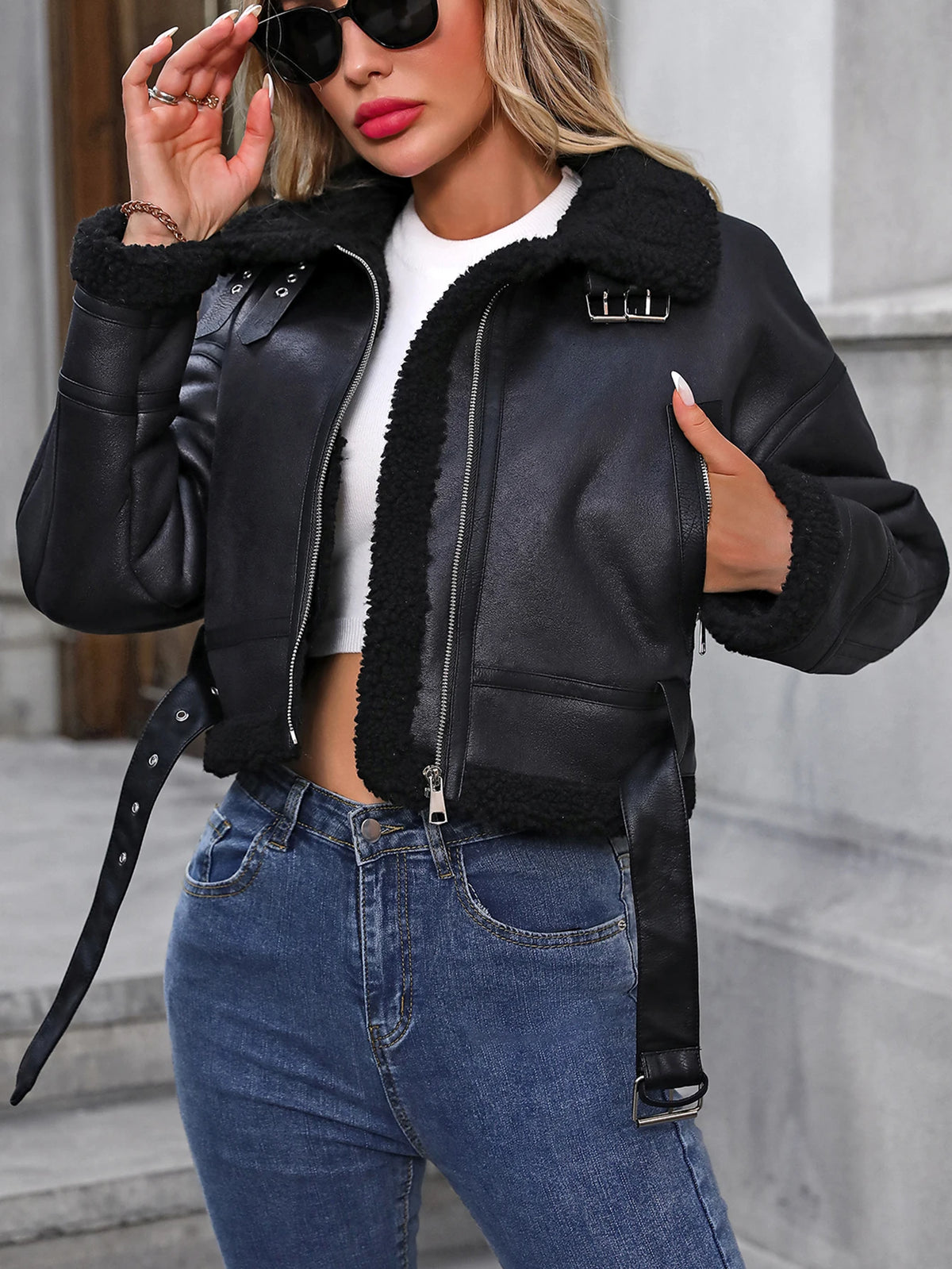 Fitaylor Autumn Winter Women Faux Lambswool Leather Jacket High Street Leather Outwear Casual Lady Lapel Zipper Short Coat - Matrix Studios