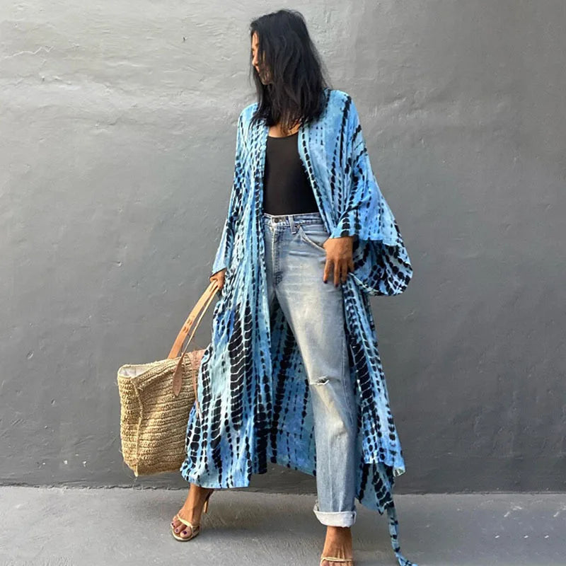 Long Kimono Swimsuit Cover up for Women Stylish Tie Dye Open Front Beach Outfits Bathing Suit - Matrix Studios