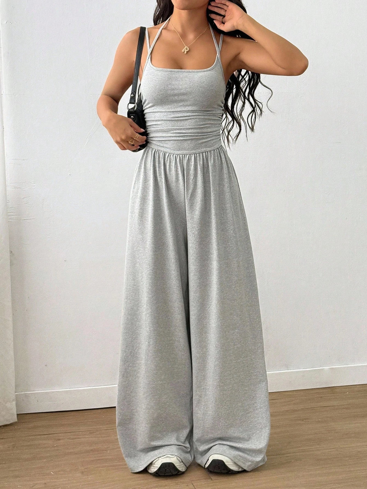 Women's Casual Solid Color Pleating Loose Straight Jumpsuit A-line Backless Halter Neck Slim Cami Jumpsuit Streetwear 2025 - Matrix Studios
