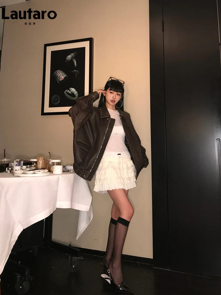 Lautaro Spring Autumn Cool Handsome Retro Oversized Distressed Brown Soft Faux Leather Jackets for Women Zipper Runway Fashion - Matrix Studios