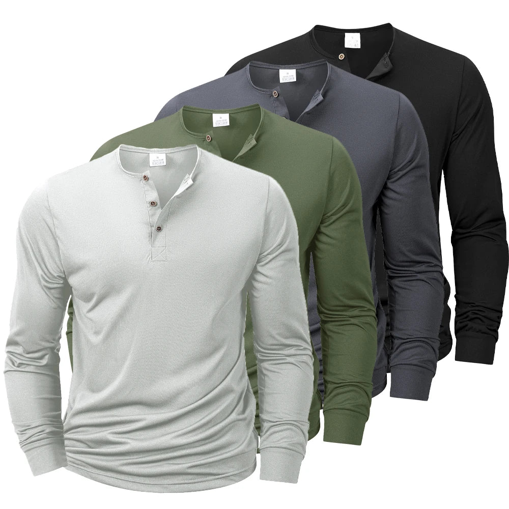 New Men's Henley T-shirts Long Sleeve Basic Casual Band Collar T Shirts Comfortable Soft Pullover Tops Male Tee - Matrix Studios