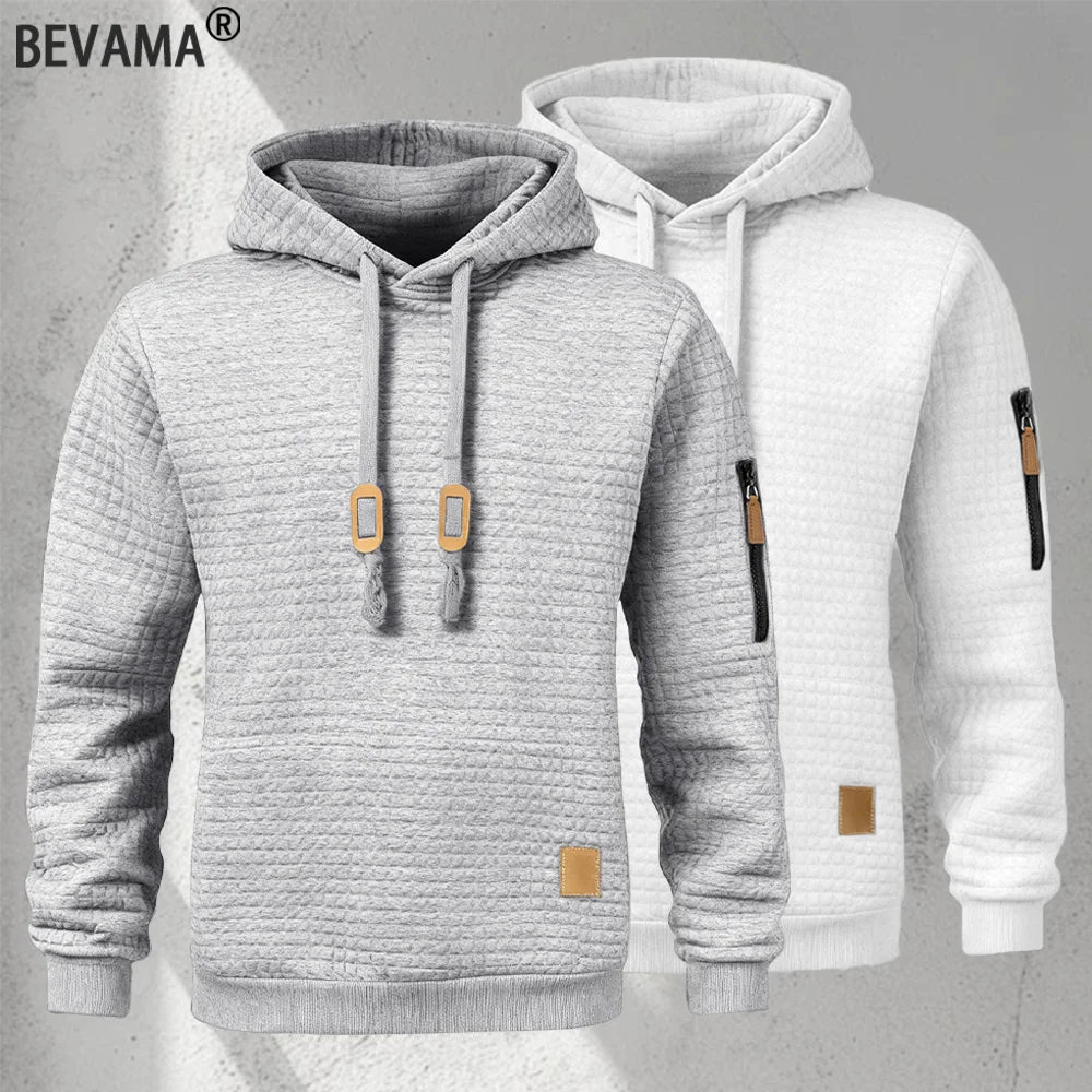 New Autumn Men's Hoodie Waffle Pattern Long Sleeve Sweatshirt Solid Color Casual Warm Pullover Outdoor Sportswear Men's Clothing - Matrix Studios