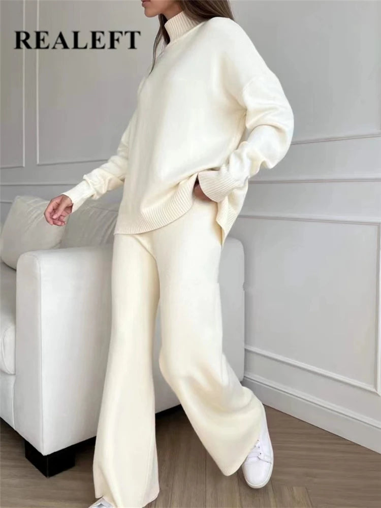 Autumn Winter 2 Pieces Women Sets Knitted Tracksuit Turtleneck Sweater and Straight Jogging Pants Suits - Matrix-studios.com