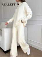 Autumn Winter 2 Pieces Women Sets Knitted Tracksuit Turtleneck Sweater and Straight Jogging Pants Suits - Matrix-studios.com