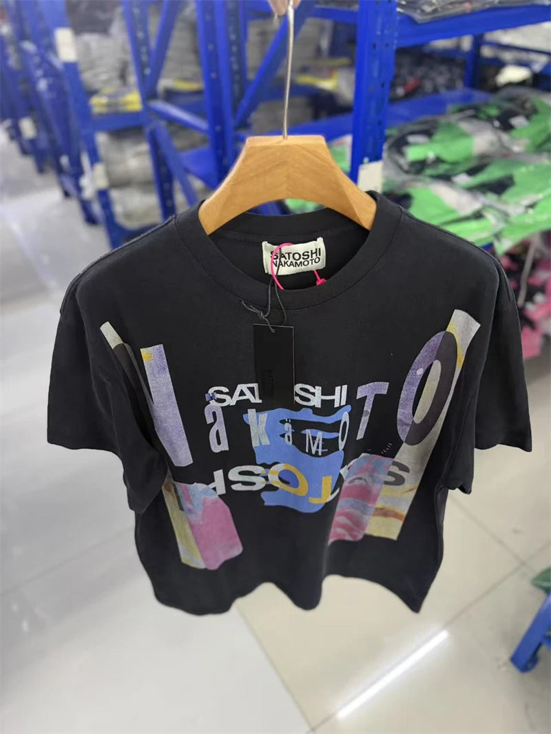 New SATOSHI Vintage Washed Inverted Letter Print Casual Loose Round Neck Short Sleeved Street Cotton Versatile Oversize T-shirt - Matrix-studios.com