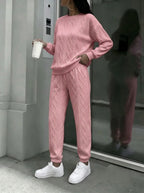 Women Cable Knit 2 Piece Outfit Set, Crewneck Long Sleeve Sweater Top & Drawstring Jogger Pants, Casual Loose Matching Loungewear Tracksuit For Street Daily Wear