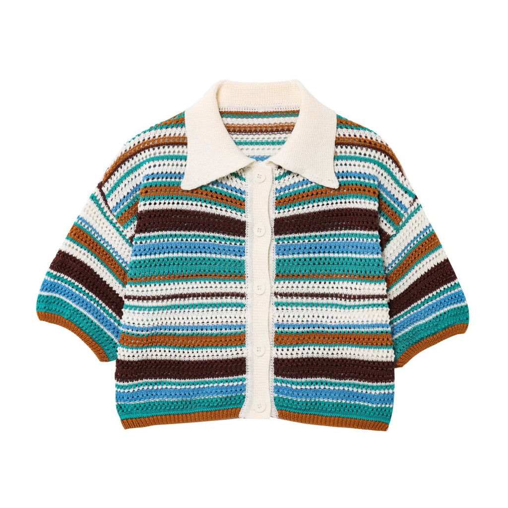 Women Patchwork Striped Hollow Out Crochet Knitted Crop Sweater Shorts Set Short Sleeve Polo Collar Sweater Knit Shorts Suit Y2K - Matrix-studios.com