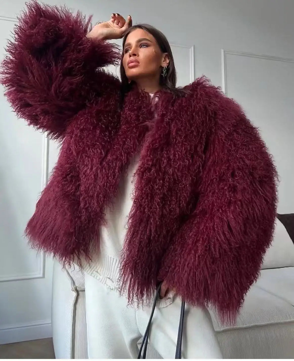 Mongolian Fur Coat Fur Jacket Women's Elegant Fluffy Solid Color Thickened Thermal Long Sleeve Coat Winter Fashion Oversized Lad - Matrix Studios