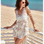 Boho Beach Cover-up Sexy Sleeveless Blouse Shirt Women Lace Top Summer Mini Vestidos Floral Embroidery T-Shirts Tank Tee Shirts - Matrix Studios