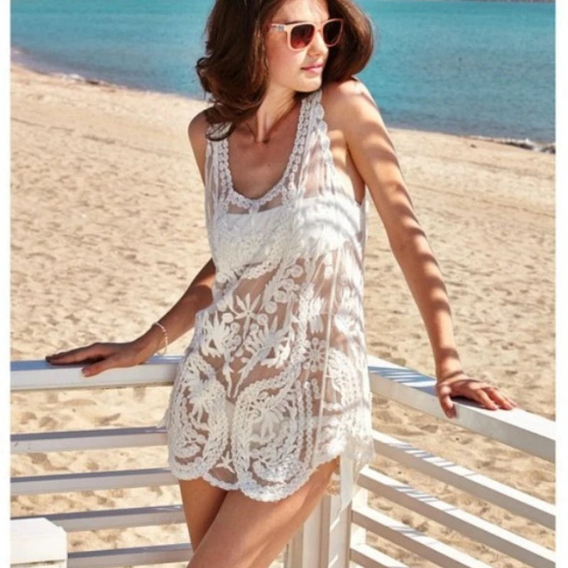 Boho Beach Cover-up Sexy Sleeveless Blouse Shirt Women Lace Top Summer Mini Vestidos Floral Embroidery T-Shirts Tank Tee Shirts - Matrix Studios