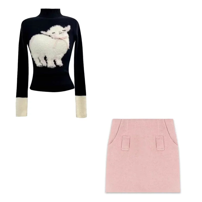 Winter Vingate New 2 Piece Set Women Patchwork Elegant Y2k Knitted Skirt Suit Female Korean Fashion Design Casual Belt Set 2025 - Matrix-studios.com