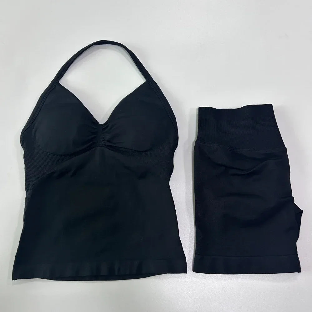 No Logo 2 Pieces Sports Set Women Backless Tank Tops High Waist Scrunch Seamless Shorts Gym Set Sportswear Workout Set Yoga - Matrix-studios.com