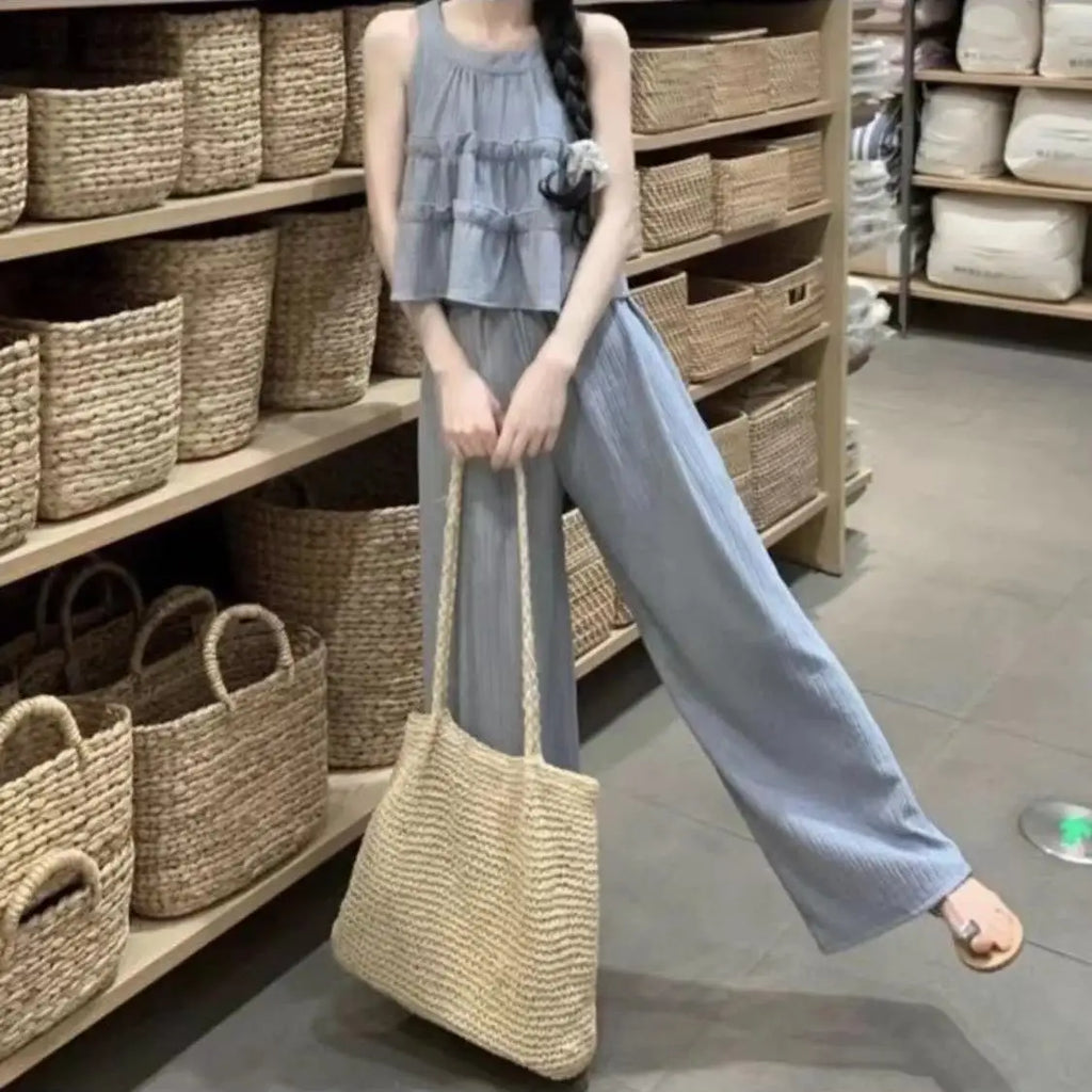 Faionable round Ne Svel Top High Waist Straight Leg Pants Women's Summer New Sle Korean Version Two-Piece Set - Matrix-studios.com