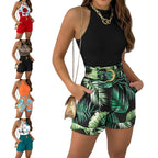 Women's Casual Tops Pants Suit, Sleeveless Round Neck Floral Print Vest + High Waist Trousers with Waist Belt - Matrix-studios.com