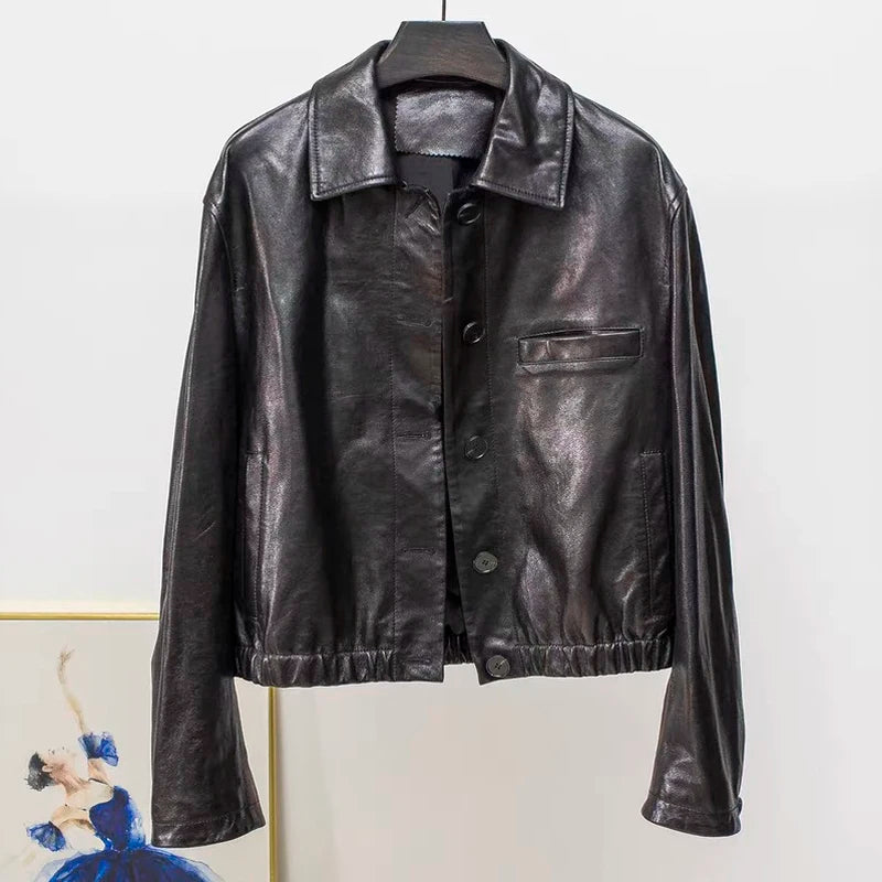 Advanced Oil Wax Leather Jacket for Women Autumn Winter Female 100% Lambskin Square Neck Elastic Waist  Loose Coat Vestes Femmes - Matrix Studios