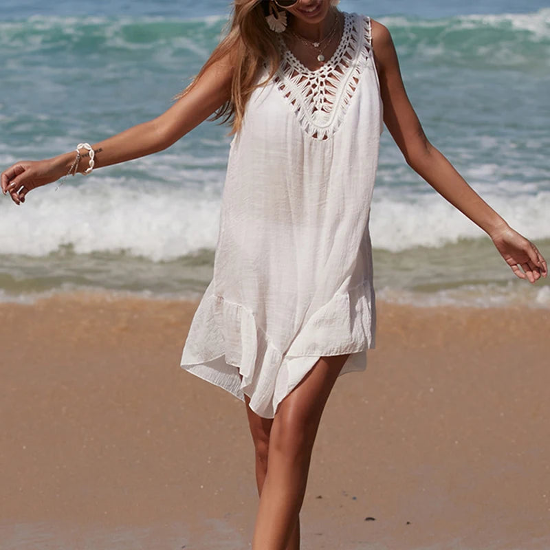 Women V-Neck Backless Hollow Out Short Dress Crochet Splicing Wooden Ear Dress With Colored Balls Beach Swimsuit Cover Up - Matrix Studios