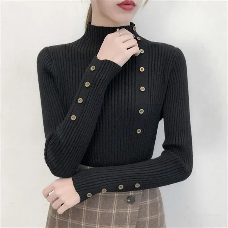 2026 Autumn Knitted Turtleneck Sweaters Women Solid Knitted Female Cotton Soft Elastic Color Slim Pullovers Button Full Sleeve - Matrix Studios