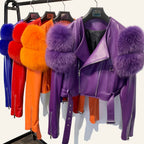 GO BALLISTIC YA Ladies' Genuine Leather Jacket with Fur Sleeve Women's Natural Lambskin Outfit - Matrix Studios