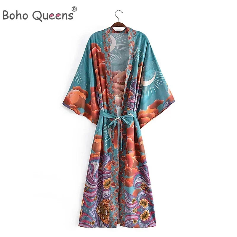 Boho Queens Women Star Floral Print Bat Sleeve Beach Bohemian Kimono Dresses Robe Ladies V Neck Summer Bikini Cover-up - Matrix Studios